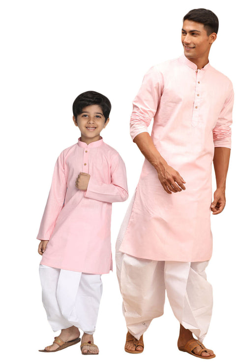 VASTRAMAY Pink Cotton Baap Beta Kurta Dhoti Set